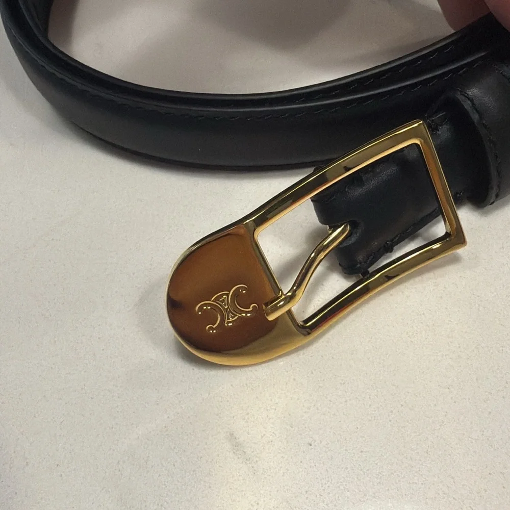 Celine Black Leather Belt with Gold-Tone Signature Buckle